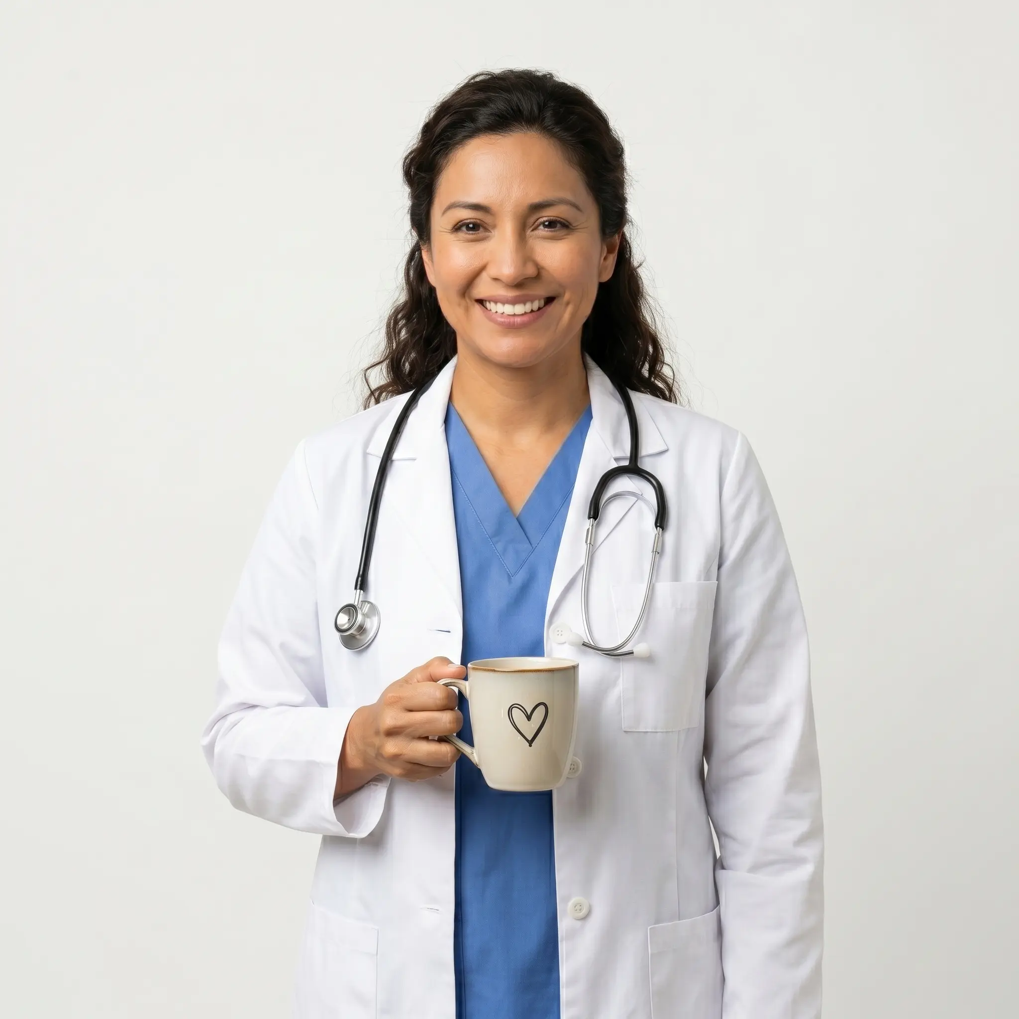 Doctora sonriendo con su taza de café
