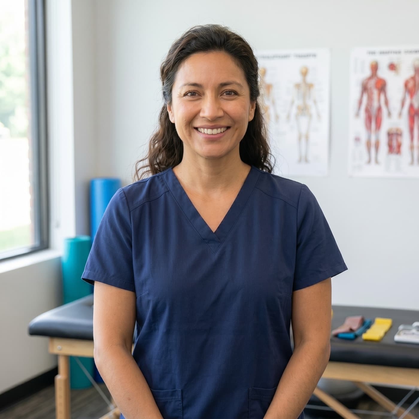 Fisioterapeuta sonriendo en su consultorio de rehabilitación